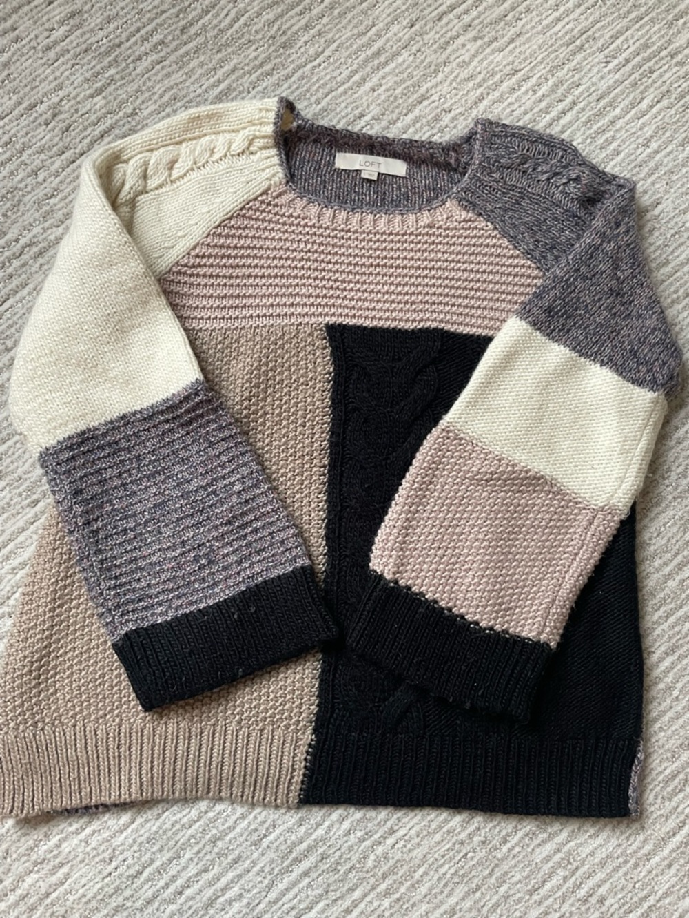 LOFT Patchwork Crewneck Sweater in Cream, Taupe, Black & Lavender